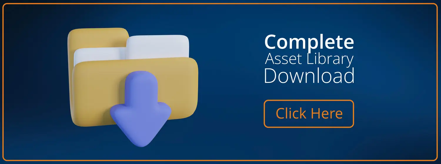 Banner featuring stacked yellow folders with a purple download arrow, beside the text 'Complete Asset Library Download' and an orange outlined 'Click Here' button.