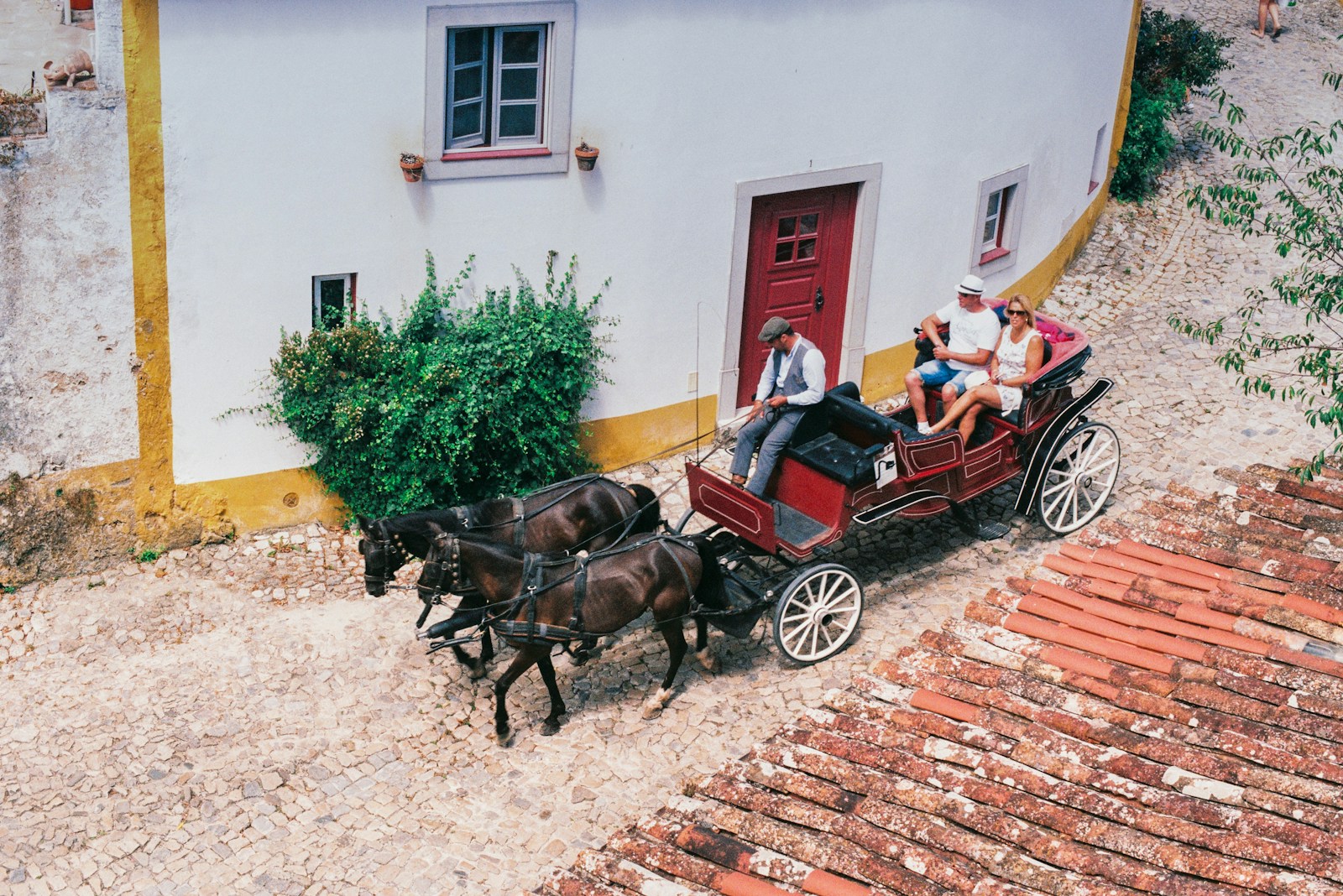 Obidos 2 brown horses with carriage in front of brown brick building