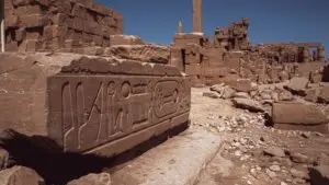 a stone structure with a sign on it