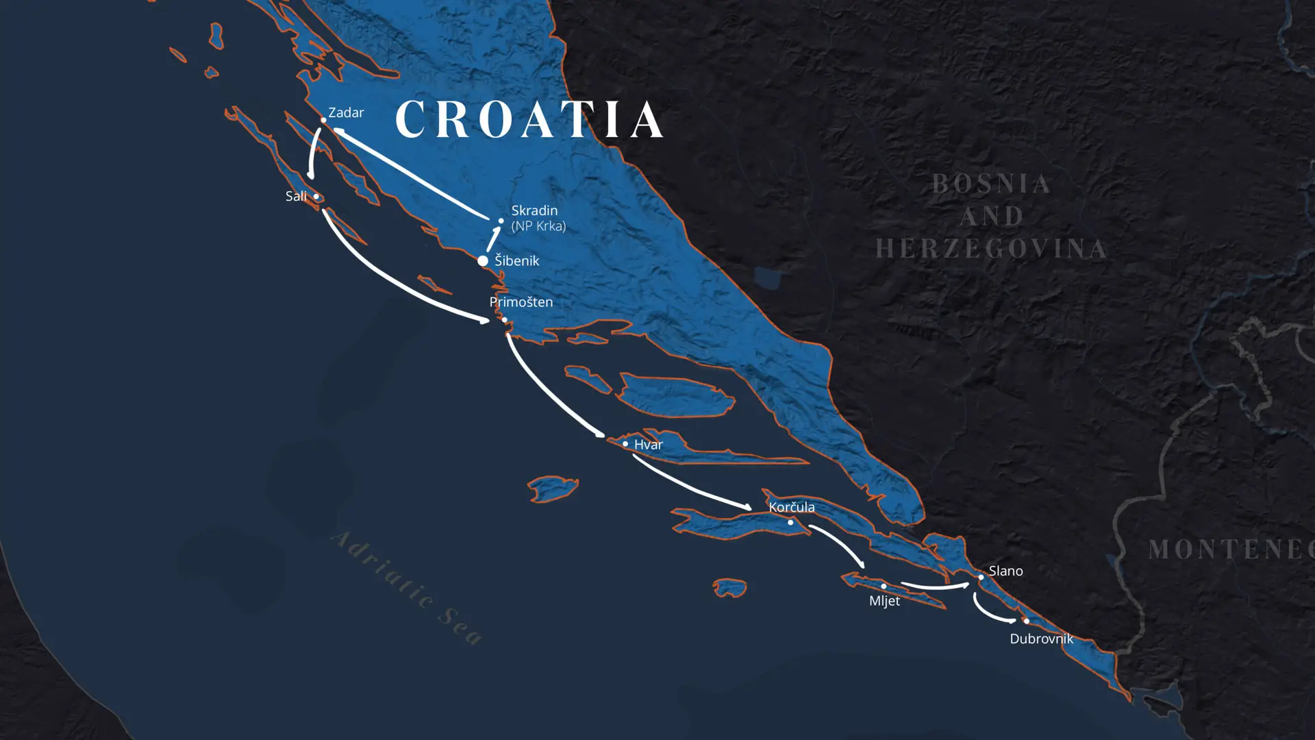 Map of the Dalmatian coast in Croatia showing a white travel route connecting coastal towns like Zadar, Sali, Šibenik, Primošten, Hvar, and Dubrovnik along the Adriatic Sea.